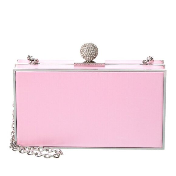 NWT Sophia Webster Clara Clutch Box Bag Pink Satin With Chain Strap - Picture 1 of 12